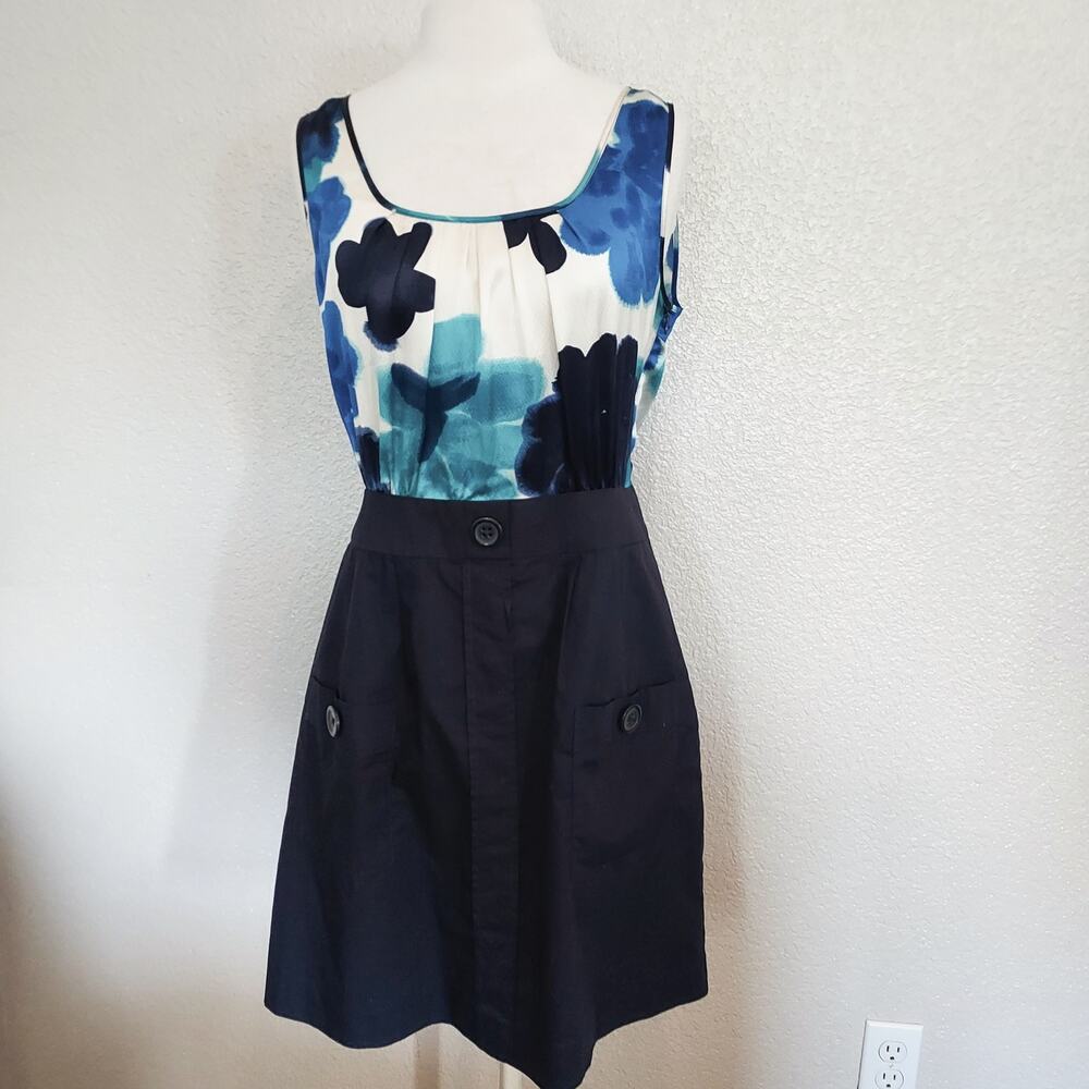 Tabitha 100% Silk Bodice Blue Watercolor Print Sleeveless Short Dress Size 12